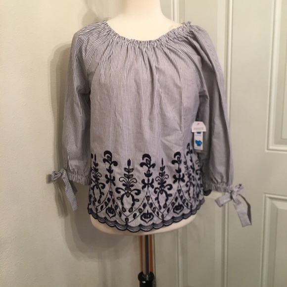 Blue/White Striped summer top with embroidered (S) - Picture 1 of 8